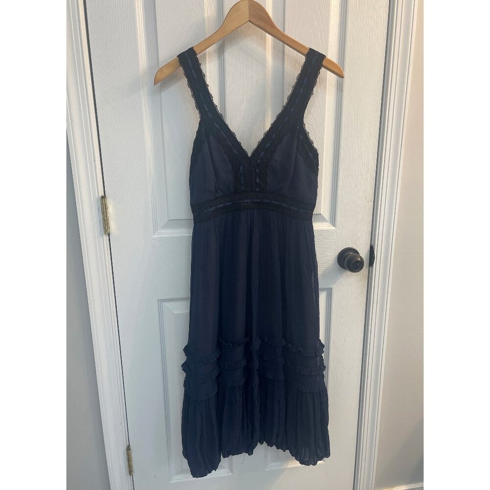 BCBG Max Azria Navy Blue Silk Midi Gown with Lace Detail – Size 6